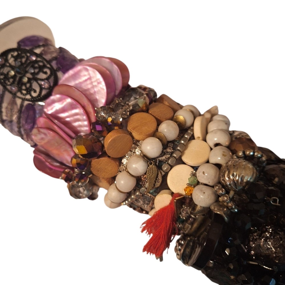 22 Bundle Mixed Media Stretchy Bracelets Black PINK Shells Blind Boho Hippie
